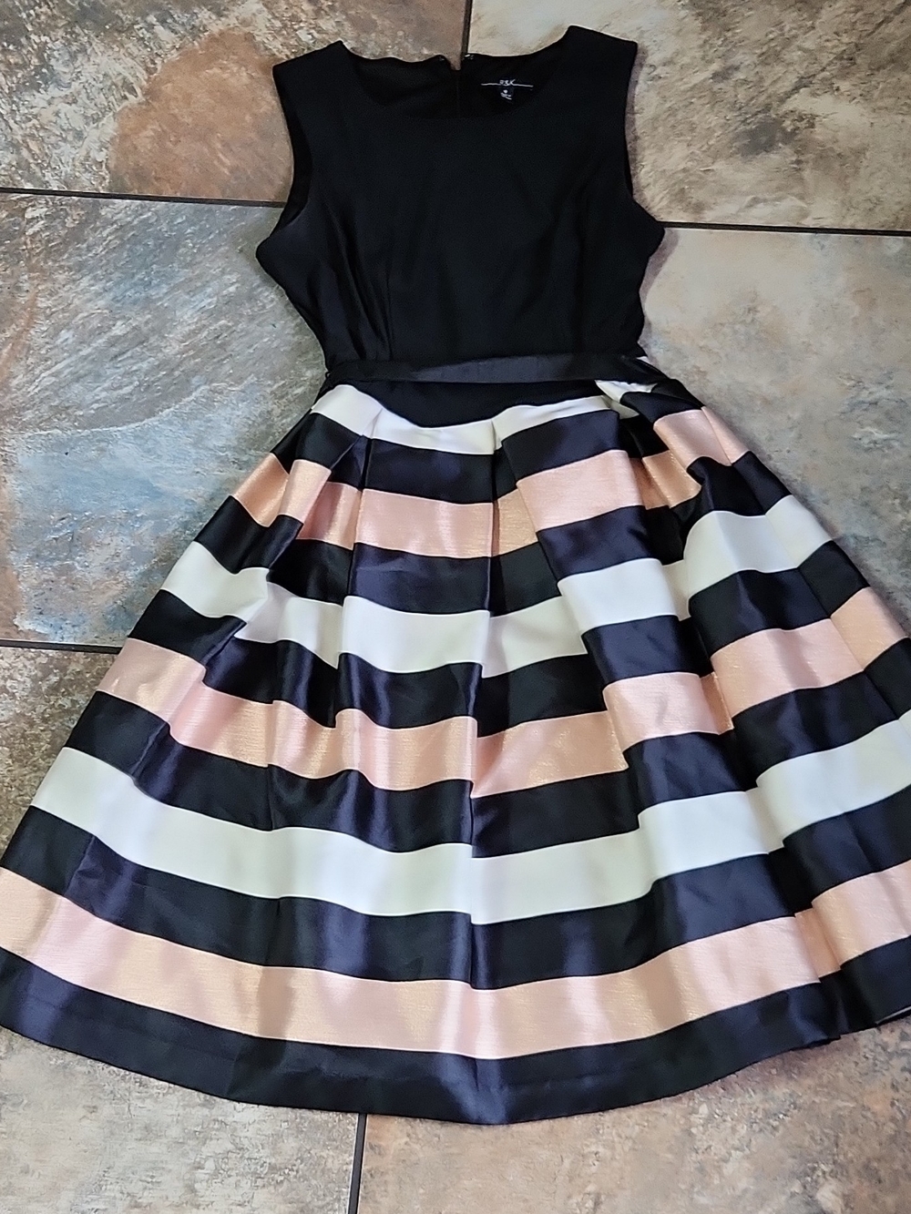 R&K Black Sleeveless Bodice with Blush Pink and Ivory Striped Skirt